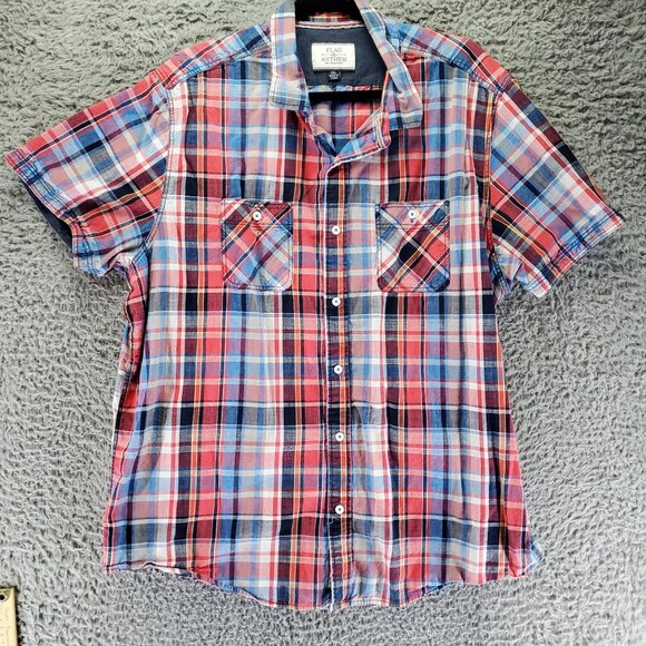 Flag & Anthem Shirt Mens XXL Red & Blue Plaid Short Sleeve Button Up Classic Fit - Picture 1 of 10